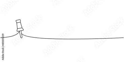 Push pin, thumbtack, school supplies one line continuous drawing. Back to school continuous one line illustration. Vector minimalist illustration.
