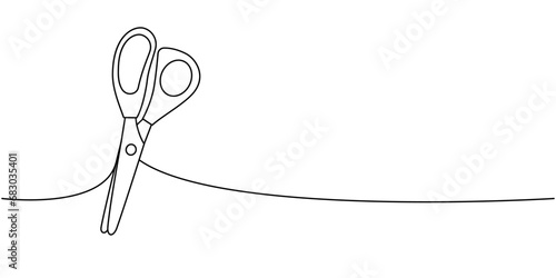 Office scissor, school supplies one line continuous drawing. Back to school continuous one line illustration. Vector minimalist linear illustration.