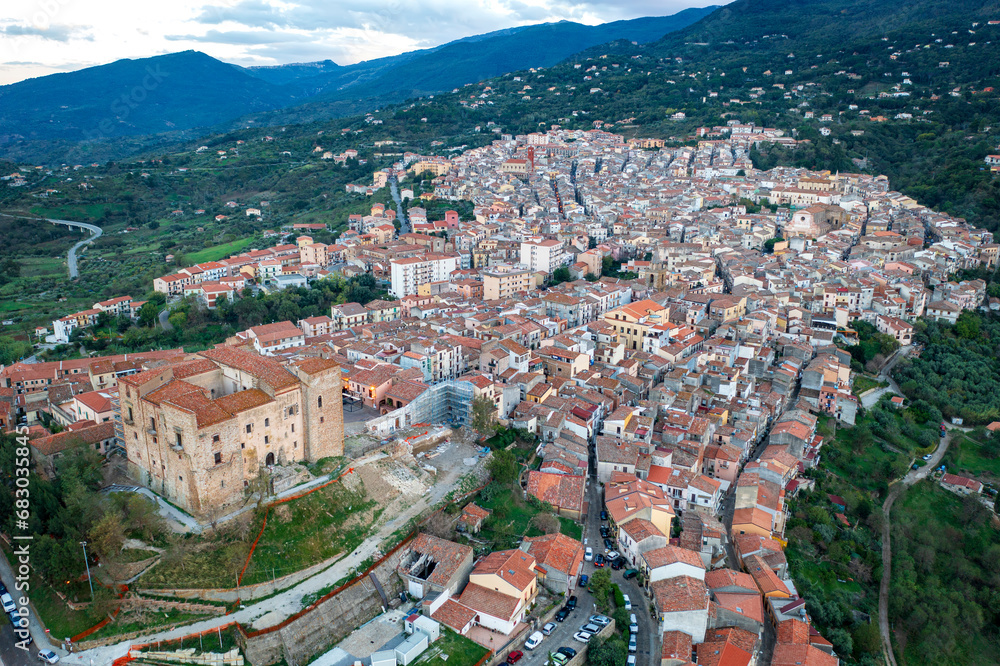 Aerial view of town and castle, Castelbuono, Sicily, Italy