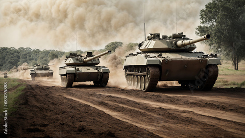 Army tank on dusty road.