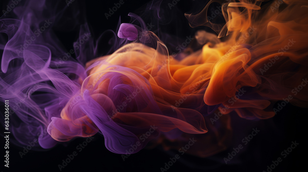 Yellow and purple smoke. Smoke Background. Steam on black background