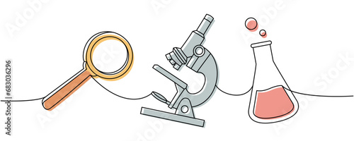 School supplies set. Back to school. Magnifying glass, microscope, laboratory glass equipment, test tubes continuous one line illustration.