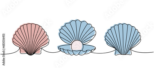 Pearl shells. Sea shells, mollusks, scallop, pearls. Tropical underwater shells continuous one line illustration. Vector minimalist illustration.
