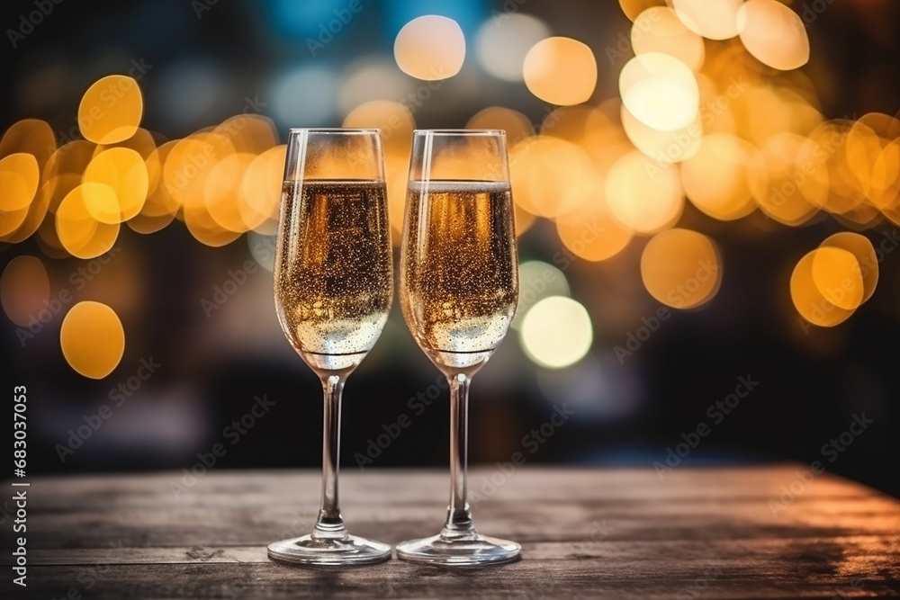 New Year Celebration Toast with Champagne and Fireworks - Defocused Bokeh Lights and Glittering Effect on Background - Created with Generative AI Tools New Year Celebration Toast with Champagne and Fireworks - Defocused Bokeh Lights and Glittering Effect on Background - Created with Generative AI Tools