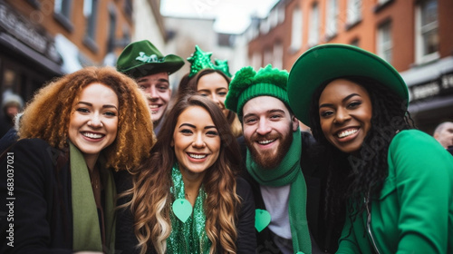 copy space, stockphoto, Beautiful young cheerful friends wearing green clothes and accessories participating in traditional Saint Patrick's Day parade in Irish town. St Patrick’s day.