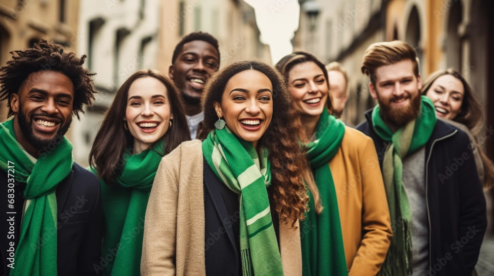 copy space, stockphoto, Beautiful young cheerful friends wearing green clothes and accessories participating in traditional Saint Patrick's Day parade in Irish town. St Patrick’s day.