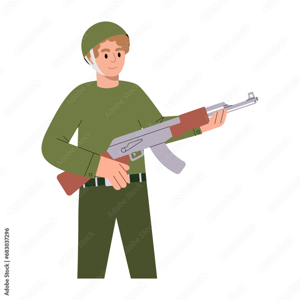 Young man holding tactical assault rifle. Soldier with a AK 47. Vector illustration. Young man holding tactical assault rifle. Soldier with a AK 47. Vector illustration.