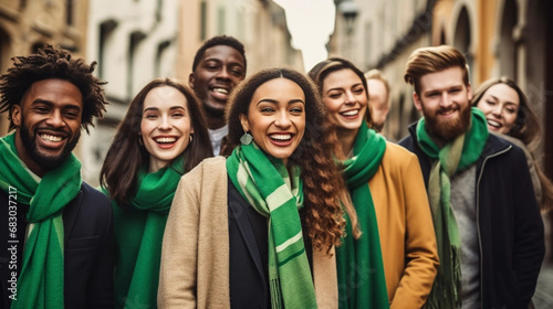 copy space, stockphoto, Beautiful young cheerful friends wearing green clothes and accessories participating in traditional Saint Patrick's Day parade in Irish town. St Patrick’s day.