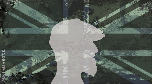 Flagge UK mit Camouflage Muster und Silhouette Kopf mit Schirmmütze