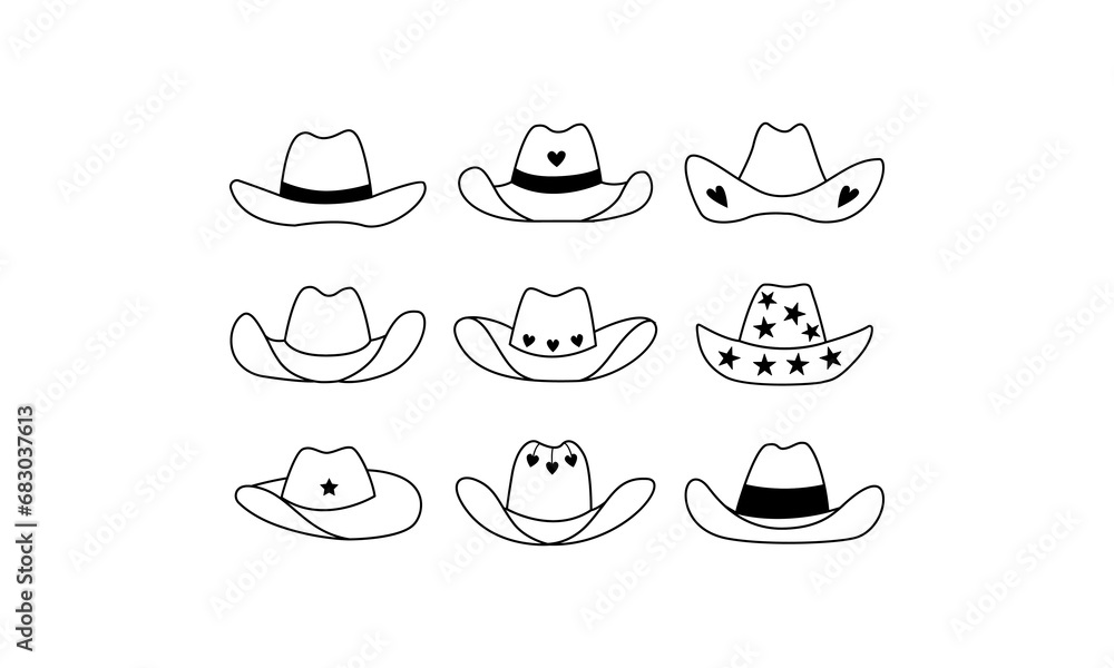Set of outline cowgirl hats with stars and hearts. Vector illustration of cowboy hats. Western accessories icons collection Set of outline cowgirl hats with stars and hearts. Vector illustration of cowboy hats. Western accessories icons collection