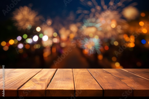 Wooden Table in Front of Blurred Fireworks Background - Festive Celebration Setting - Created with Generative AI Tools