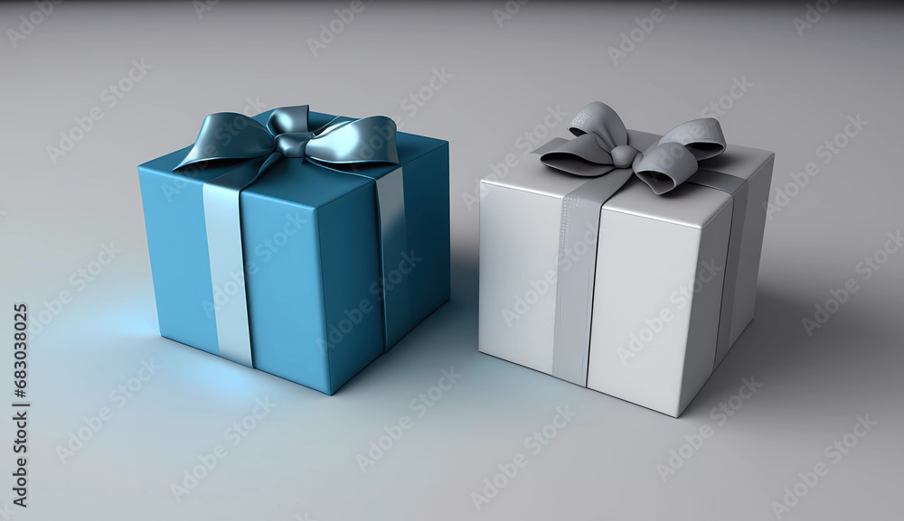 Obraz premium A white box with a blue bow and a blue box with a blue ribbon on it on a gray background