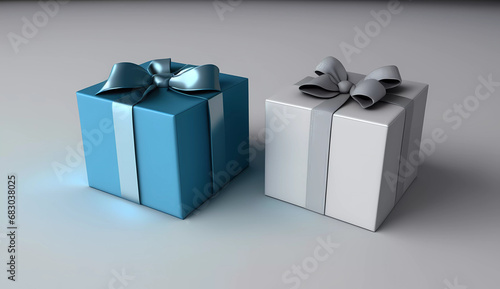 A white box with a blue bow and a blue box with a blue ribbon on it on a gray background © junaid