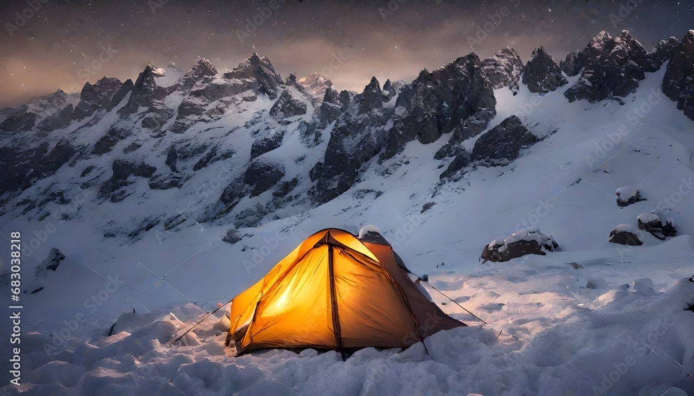 tranquil tent nestled in the snow-capped mountains under the mesmerizing aurora borealis, inviting a peaceful escape into the beauty of nature's winter wonderland.