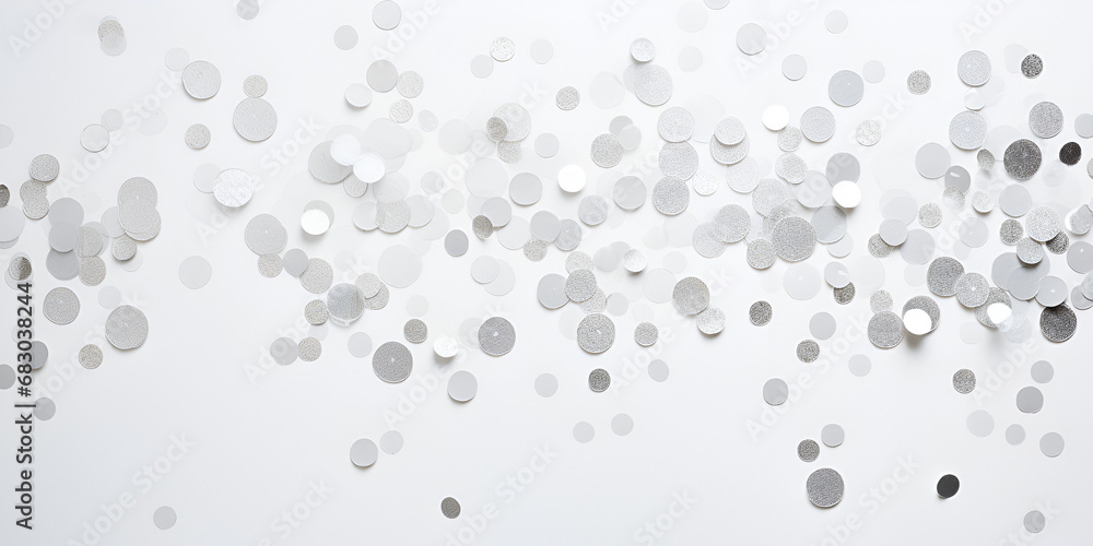 Silver confetti on white background, abstract background with copy space for text