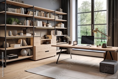 Modern cozy home interior in scandinavian style. Home office, desk with lamp and laptop, rack with shelves with books and decorative accessories in room with lagre window