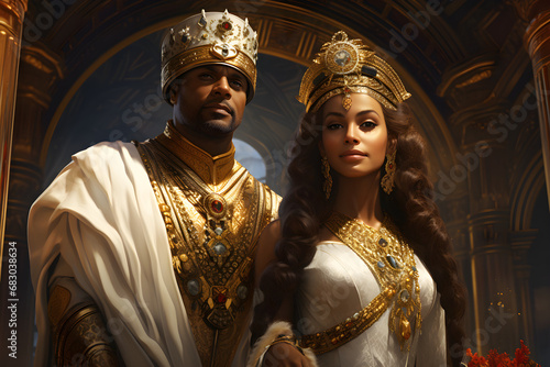 Illustration of African king and queen in luxurious royal clothes in the palace, AI, photo