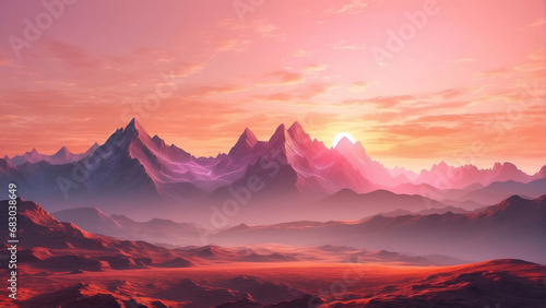 Beautiful panoramic landscape above clouds and mountains with sun rising in the middle. photo