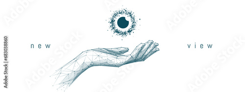 Abstract particles eye icon over opened low poly hand in futuristic technology style isolated on transparent background. Ophthalmology or anatomy banner or vision business concept. Digital eyeball