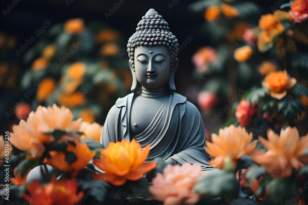 Buddha statue adorned with a flower,