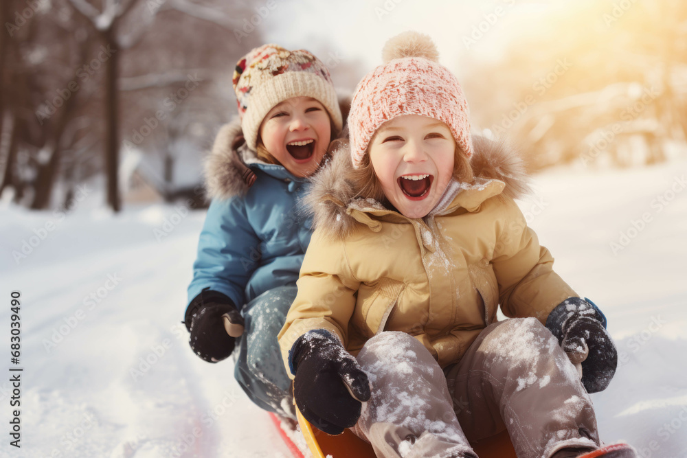 laughing children sledding down a hill in the winter among white snow laughing children sledding down a hill in the winter among white snow
