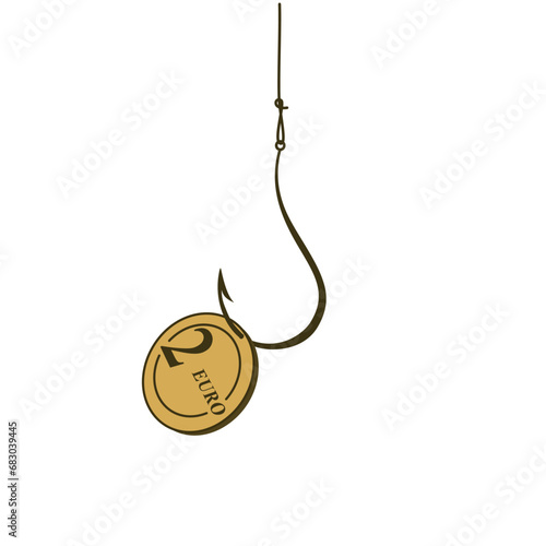 Icon of a 2 euro coin on a fishhook. Idea for preventing financial phishing