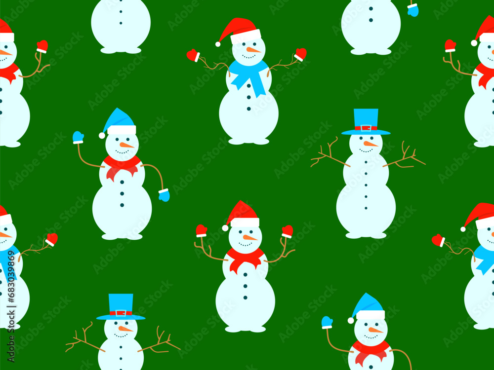 Christmas seamless pattern with snowmen made from three snowballs. A snowman with a carrot instead of a nose, wearing a scarf and mittens, and a Santa Claus hat on his head. Vector illustration