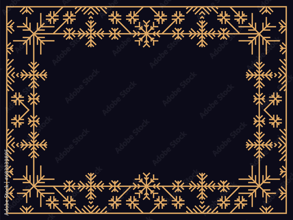 Obraz premium Art deco style frame with snowflakes. Winter vintage linear border with snowflake in line art style. Christmas frame design a template for invitations, leaflets and greeting cards. Vector illustration