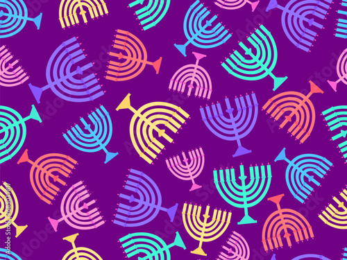 Hanukkah seamless pattern with Menorah with nine candles. Lighted Hanukkah candles. Design of greeting cards, banners and promotional products. Vector illustration