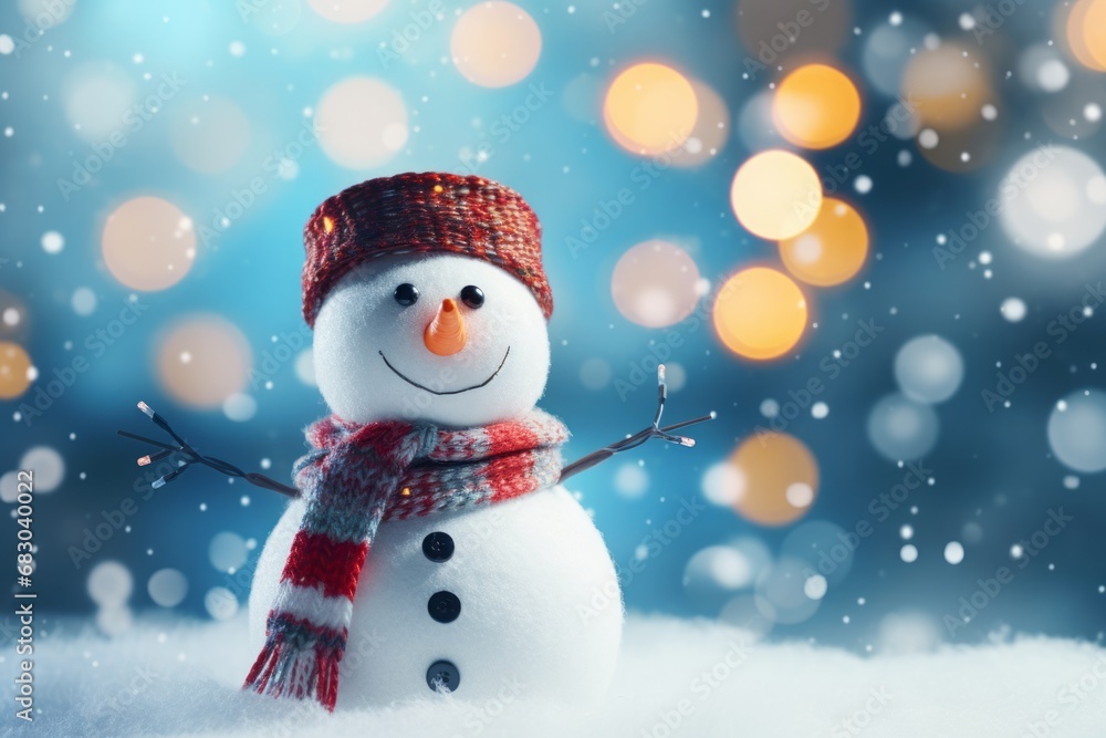 Snowman with a red hat and scarf on bokeh background