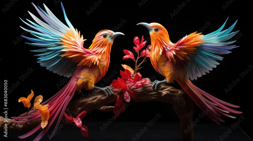 Obraz premium A pair of tropical birds engaged in a playful dance