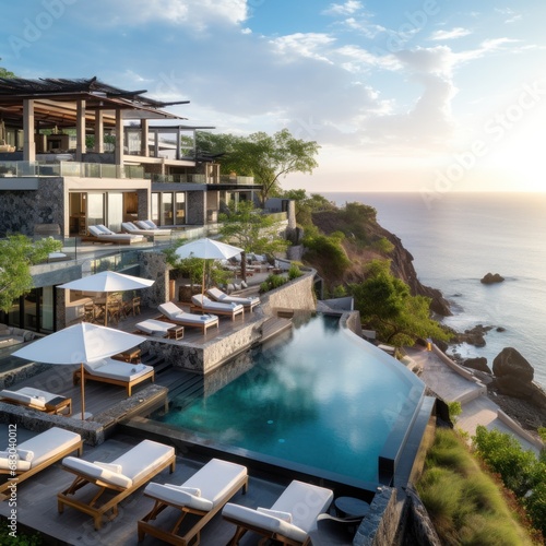 luxury resort nestled on a hillside overlooking the ocean