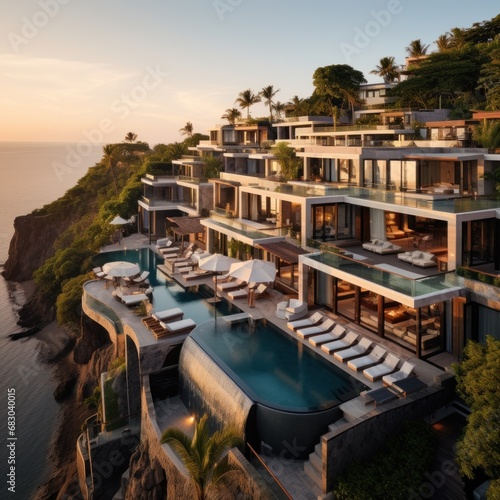 luxury resort nestled on a hillside overlooking the ocean