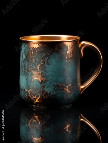Copper Patina Coffee Mug on Black Background. Photorealistic textured Cup on dark backdrop. Vertical Illustration. Ai Generated Hot Drink with Bright metal surface.