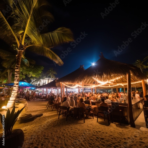 beach bar with bright lights and lively music, surrounded by palm trees and people enjoying the party.