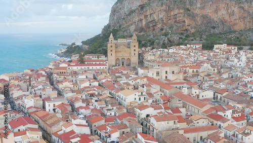 Aerial view of the beautiful resort town of Cefalu, a commune in the province of Palermo, in the region of Sicily, Italy. Unesco