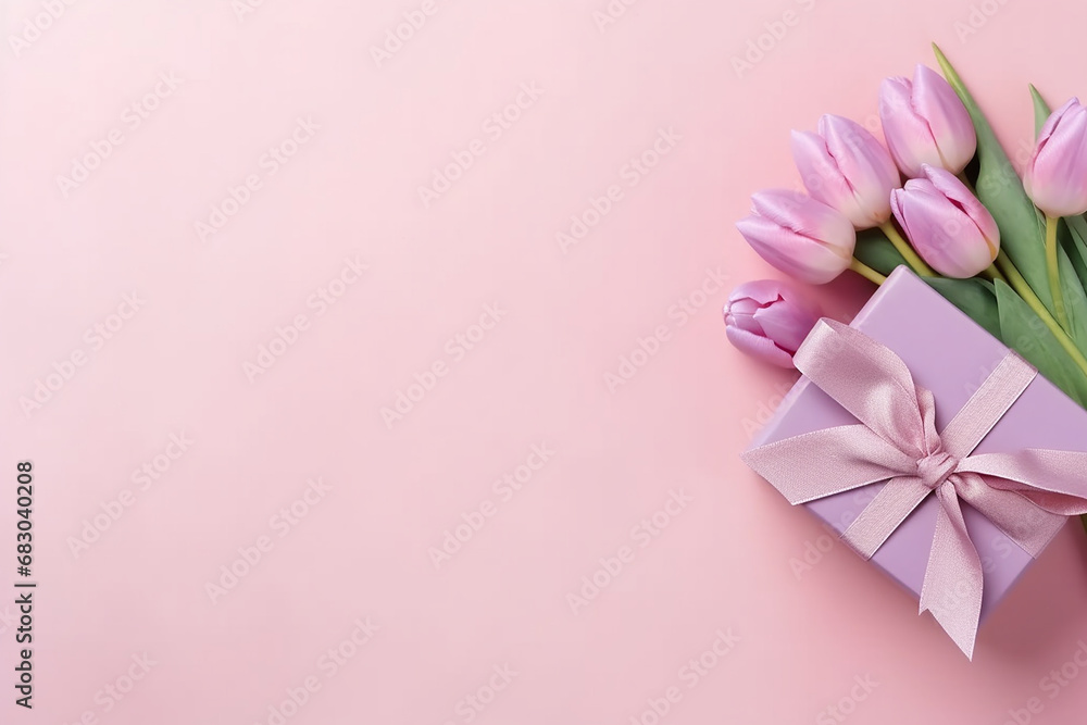 Stylish Gift Box with Ribbon Bow and Bouquet of Tulips - Valentine's Day Concept - Created with generative AI tools
