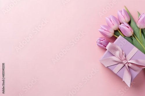 Stylish Gift Box with Ribbon Bow and Bouquet of Tulips - Valentine's Day Concept - Created with generative AI tools © ThePixelCraft