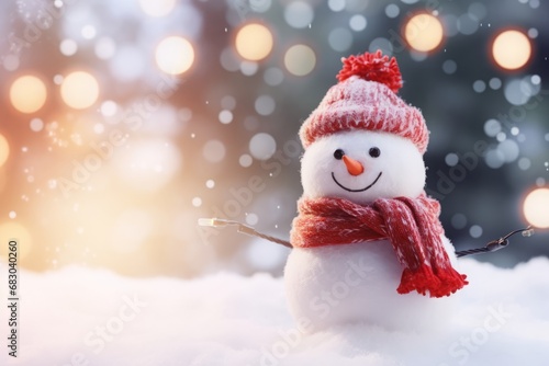 Snowman with red scarf and hat on snow with bokeh background © Maryna