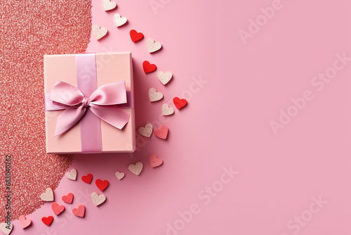 Pink Gift Box with Red Bow on Pink Background with Red Hearts - Created with generative AI tools