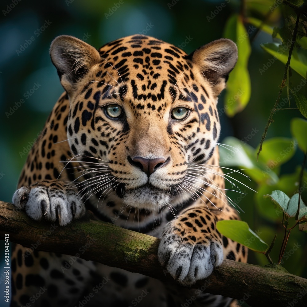 A majestic jaguar perched on a tree branch, staring into the distance with its piercing green eyes A majestic jaguar perched on a tree branch, staring into the distance with its piercing green eyes
