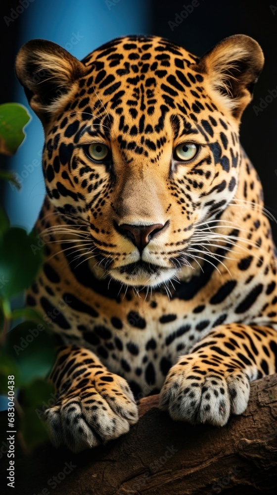 Obraz premium A majestic jaguar perched on a tree branch, staring into the distance with its piercing green eyes