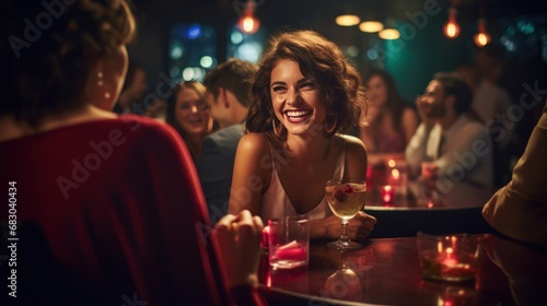 young woman holding a cocktail glass and laughing with her friends at a table  upscale nightclub