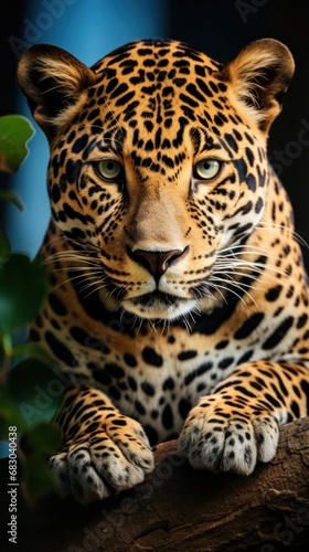 A majestic jaguar perched on a tree branch, staring into the distance with it...