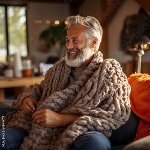 A man knitting a large blanket while sitting on a comfortable couch in his li...
