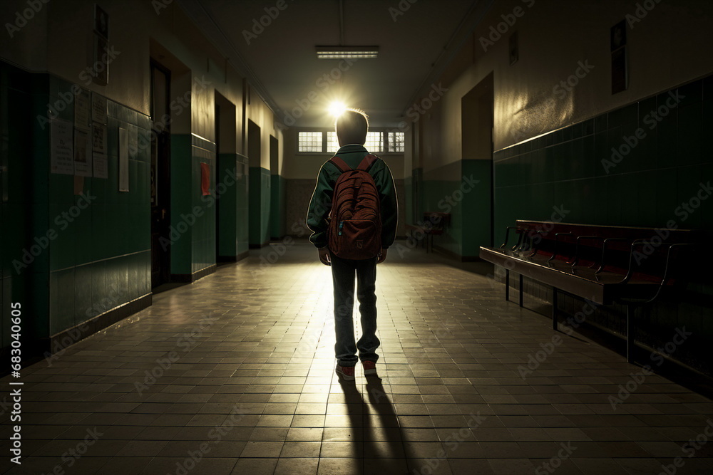 school boy stand alone in corridor, back view