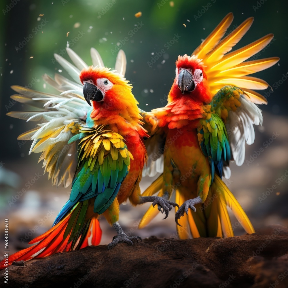 A pair of tropical birds engaged in a playful dance