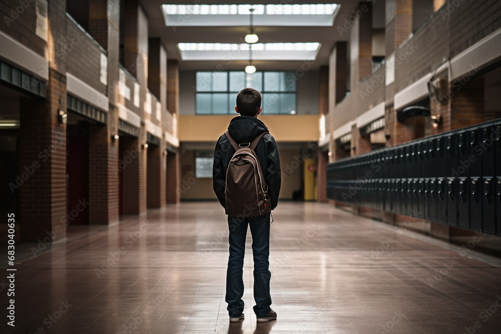 school boy stand alone in corridor, back view school boy stand alone in corridor, back view