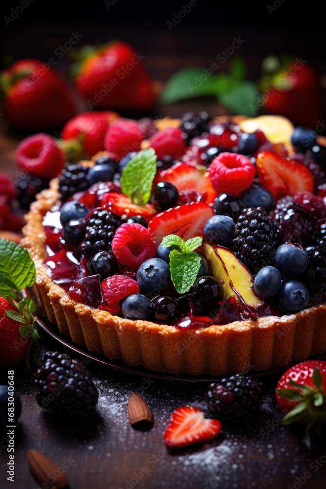 still life of a rustic fruit tart, with a crumbly almond crust and a colorful arrangement of berries