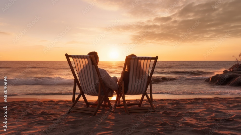 A romantic scene of a couple cuddling on a beach chair while watching the waves